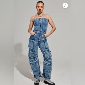 AKIRA Blue Strapless Denim Cargo Overalls